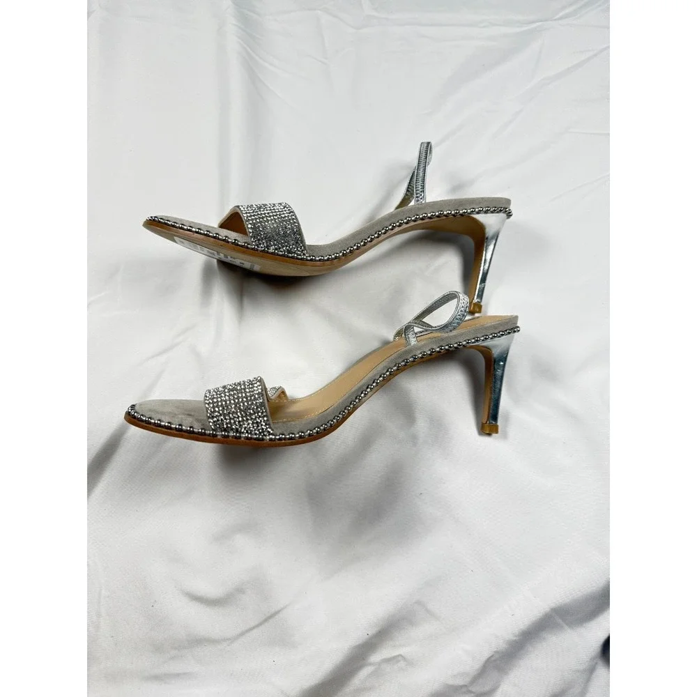 Steve Madden Rhinestone Slingback Heels 8.5 Taupe Suede Silver Dress Sandals